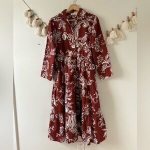 Violet Skies Brown Paisley Long Sleeve Tiered Shirtdress Boho Whimsical Cotton S